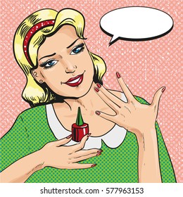 Vector illustration of woman showing his left hand with manicure and holding red nail polish in right hand. Retro pop art comic style. Speech bubble.