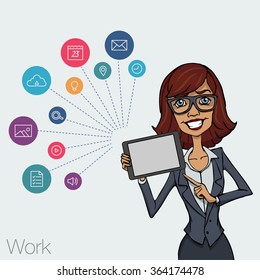 Vector illustration of woman showing tablet screen for presentation app. Tools for remote network via mobile devices. Girl with tablet computer. Cloud services and technologies network. Hackathon