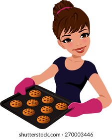 Vector illustration of a woman showing a tray of chocolate chip cookies.