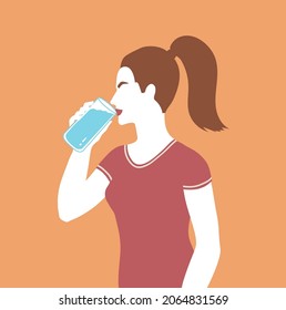 Vector Illustration Of Woman Sideview Figure Drinking Water With Glass