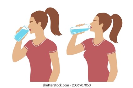 Vector Illustration Of Woman Sideview Figure Drinking Water Isolated On White Background