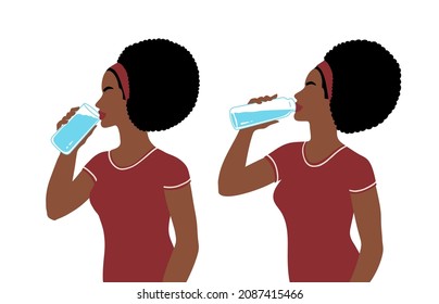 Vector Illustration Of Woman Sideview Figure Drinking Water