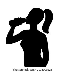 Vector Illustration Of Woman Sideview Figure  Silhouette Drinking Water With Bottle