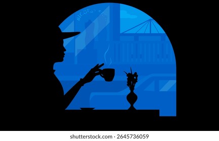 Vector illustration of a woman in silhouette drinking coffee by a window with a cityscape in the background. Calm, modern, and stylish cafe atmosphere in blue tones