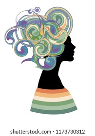 Vector illustration of woman silhouette, fantasy colorful hairstyle, logotype of hairdresser