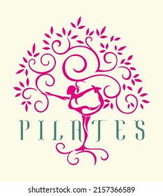 Vector illustration of woman silhouette in pilates position with a tree in graphic style in the background.