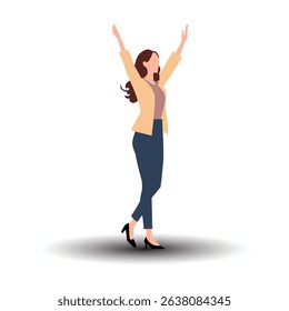 Vector illustration of a woman silhouette raising both hands, celebrating success, happiness, on a white background.