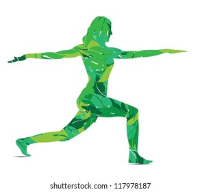 vector illustration of woman silhouette stretching in leaves