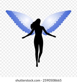 Vector illustration of woman silhouette with wings and outstretched hands on transparent background
