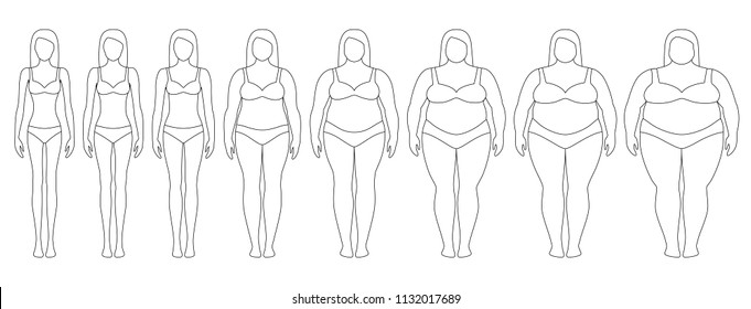 Vector illustration of woman silhouettes with different weight from anorexia to extremely obese. Body mass index, weight loss concept.