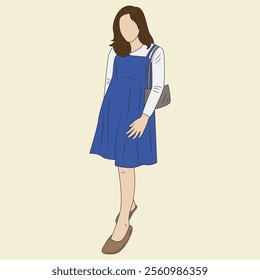vector illustration of a woman in a simple and elegant dress while carrying a bag