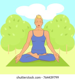 Vector illustration of woman siting in lotus yoga pose for meditation  with background of nature. Detailed yoga icon of  meditating girl.