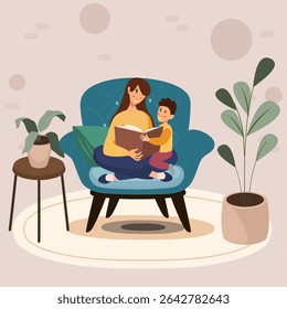 Vector illustration of a woman sitting in an armchair with a child, reading a book together. Warm and cozy family moment showing bonding, education, and comfort at home.