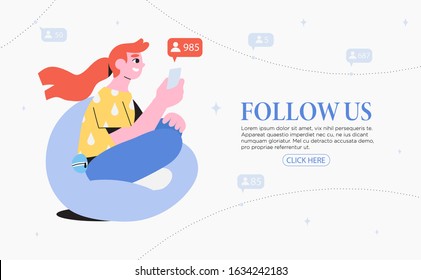 Vector illustration of a woman sitting in beanbag chair chatting on social network with friends or sharing her story on social media, or writing new post. Trendy banner for smm service or follow us.