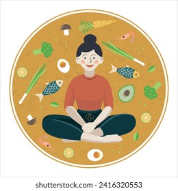 Vector illustration of a woman sitting cross-legged in meditation pose, surrounded by symbols of healthy food, longevity and keto-diet: avocado, leek, fish, shrimp, seafood, lemon, broccoli, mushrooms