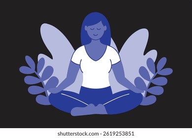 Vector illustration of a woman sitting cross-legged in meditation in a calm indoor space with plants and soft lighting, embodying mindfulness, relaxation, and peaceful energy on a white background.