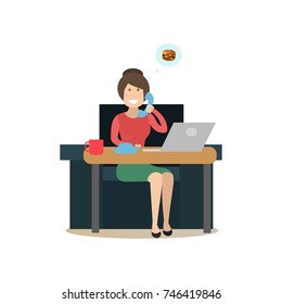 Vector illustration of woman sitting at desk and talking over telephone, speech bubble with burger. Home delivery meal services concept flat style design element isolated on white background.