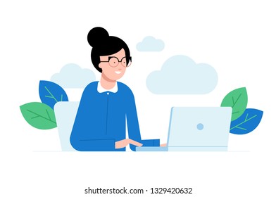 Vector illustration of a woman sitting in front of the computer and working on a project, searching, chating.