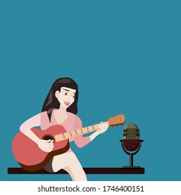 Vector illustration of a woman sitting with a guitar. Isolated on Blue.Female guitarist holding a musical instrument.