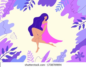 Vector illustration. Woman sitting with leaves, florals, wavy elements around. Web page design templates for beauty, spa, wellness, natural products, cosmetics, body care. Modern concept for website 