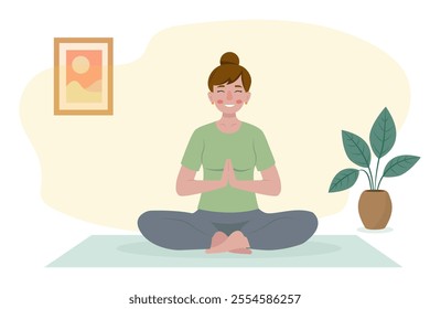 Vector illustration of woman sitting in lotus pose while practicing yoga at home on white background. design embodies wellness and mindfulness, ideal for health and relaxation themes.