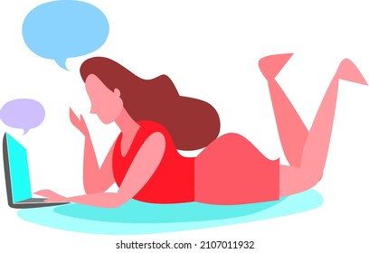 Vector  illustration of woman sitting or lying in front of laptop and working from home , video calling and attending online classes during coronavirus outbreak 