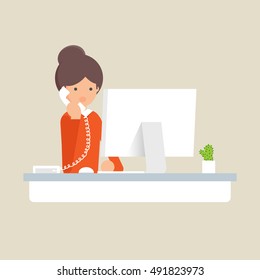 オフィスに座って電話で話す女性のベクターイラスト のベクター画像素材 ロイヤリティフリー