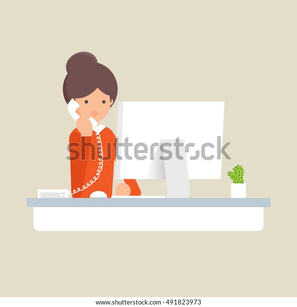 オフィスに座って電話で話す女性のベクターイラスト のベクター画像素材 ロイヤリティフリー