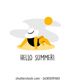 Vector illustration of woman sitting on the beach and taking sun bath. Hello summer. Doodle cartoon style. Poster, banner, greeting card