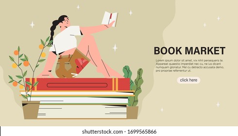 Vector illustration of woman sitting on  pile of books and reading. Creative banner, poster, invitation for book crossing, exchange, marker, fair or online library. World literacy or reading day.