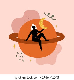 Vector illustration with woman sitting on saturn planet and holding yellow young moon. Trendy female abstract print design, decoration poster template