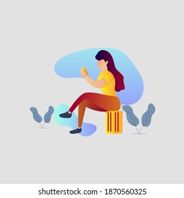 Vector illustration, the woman was sitting on the suitcase, modern flat people character 