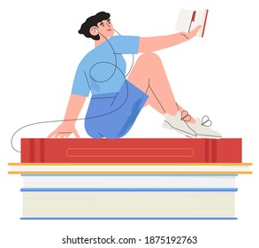 Vector illustration of woman sitting on pile of books and reading. Book crossing, market or e-book online library. World literacy or reading day.