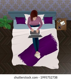 Vector Illustration of woman sitting on bed with her laptop