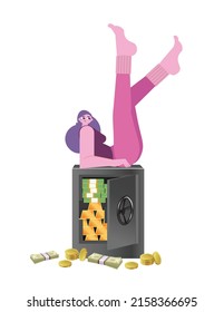 Vector illustration of a woman sitting on a metal bank deposit safe with feet up. Happy female flat character getting rich with her saving program.