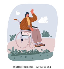 Vector illustration of woman sitting on wheelchair girl character. Cripple female. Living with disability, equal opportunities.