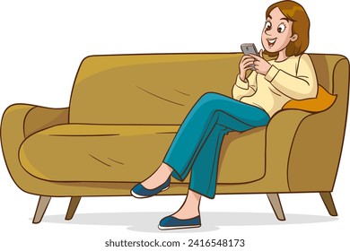 vector illustration of a Woman Sitting on a Couch Using a Smartphone