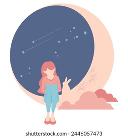Vector illustration of a woman sitting on the moon in the night sky.
