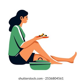 Vector illustration of a woman sitting on a picnic blanket, holding a plate of food. Flat design in bright colors, isolated on white background. Ideal for leisure, food, and summer themes.
