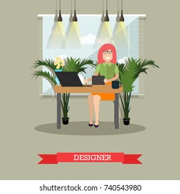 Vector illustration of woman sitting at the table and working on tablet at office. Creative team member, graphic designer flat style design element.