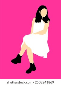 Ilustración vectorial de una mujer sentada, con un vestido blanco, silueta sobre un fondo rosa