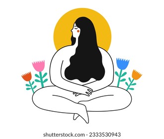 Vector illustration with woman sitting in yoga lotus pose with flowers and and sun on background. Nature balance lifestyle print, meditation concept art