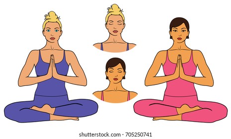 Vector illustration of woman sitting in yoga pose. Icons of european and asian girls doing  yoga meditation practice. 