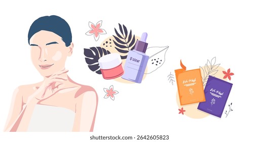 Vector illustration of a woman with skincare products including serum, cream, and face masks. Botanical elements and soft colors enhance the clean beauty and wellness concept.