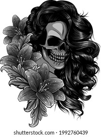 vector illustration of woman Skull with flower Lily