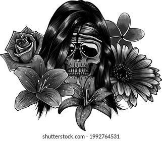 vector illustration of woman Skull with flower Lily