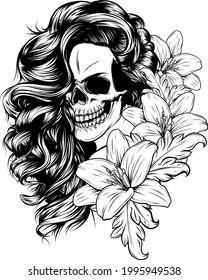 vector illustration of woman Skull with flower Lily