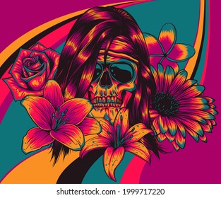 vector illustration of woman Skull with flower Lily