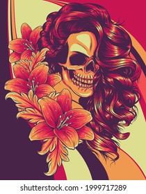 vector illustration of woman Skull with flower Lily