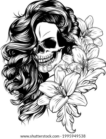 vector illustration of woman Skull with flower Lily